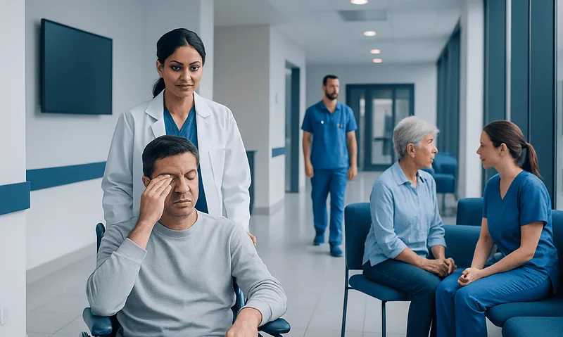 Medical consultation in a hospital with healthcare professionals and patients.