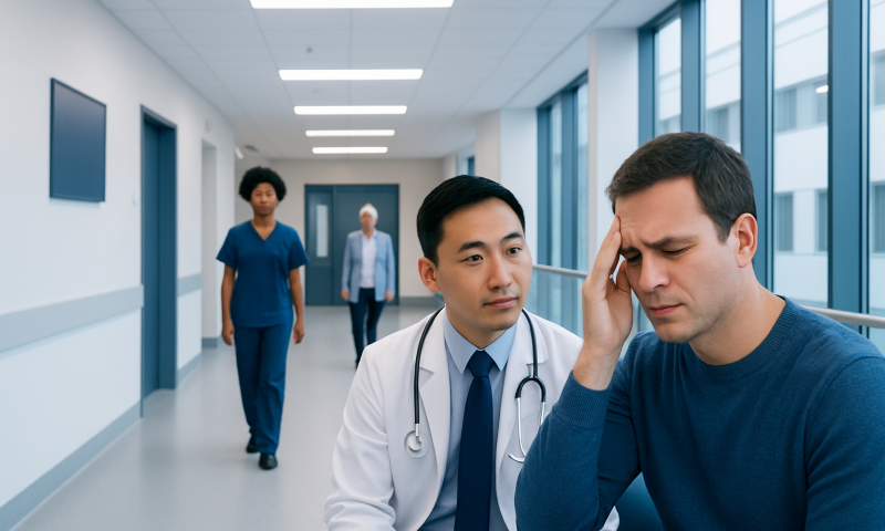 Trigeminal Nerve Migraine Treatment: How It Works, Results and What to Expect 9 Doctor consulting with patient experiencing headache in hospital corridor.