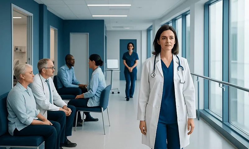 Medical team in hospital corridor with doctor in foreground.