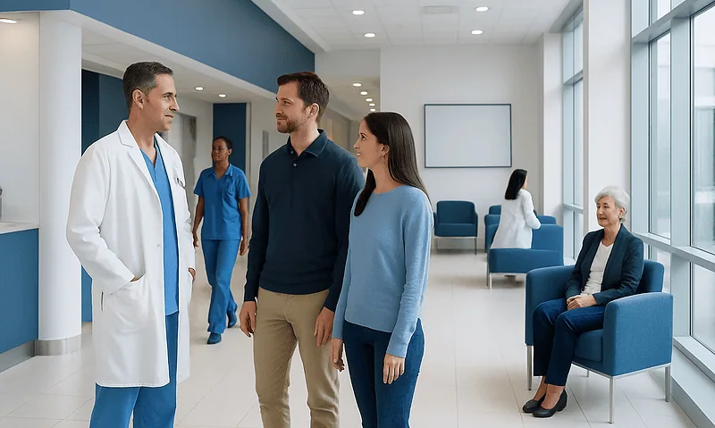 Medical team consulting with patient in hospital lobby.