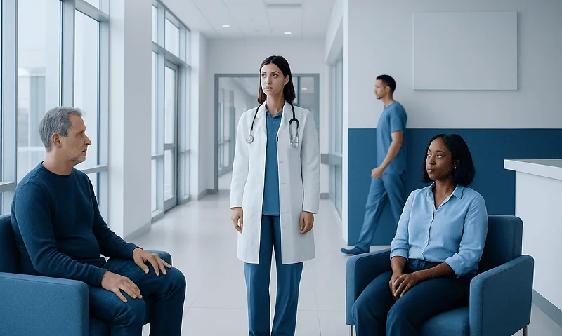 Doctor consulting with patients in a hospital corridor.