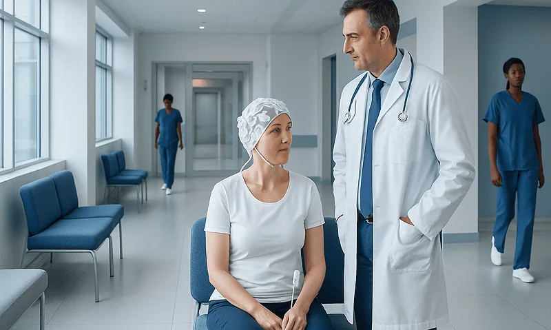 Doctor consulting a patient in a hospital corridor with nurses in the background.