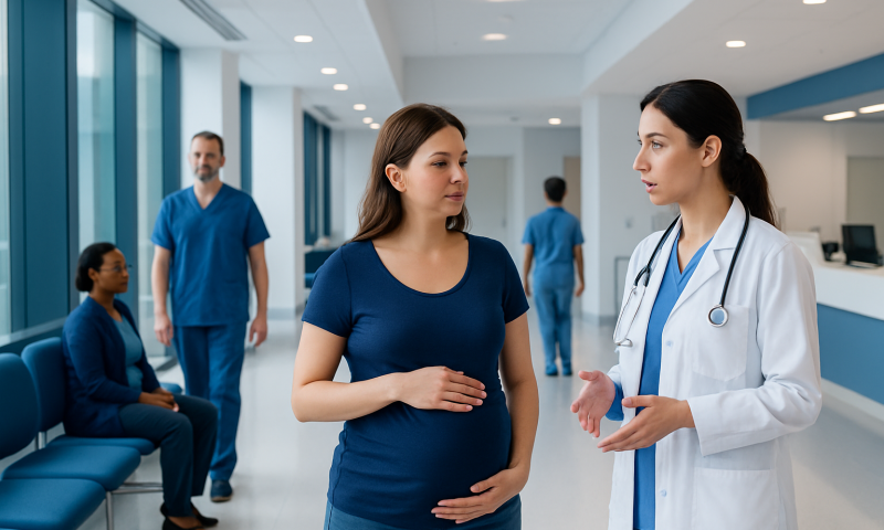 Patient consulting with doctor in hospital corridor.