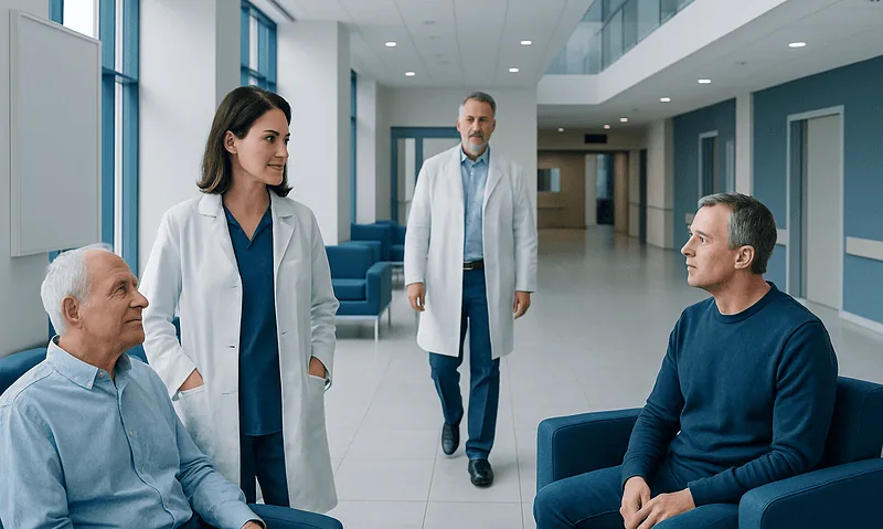 Medical team consulting with patients in a modern hospital corridor.
