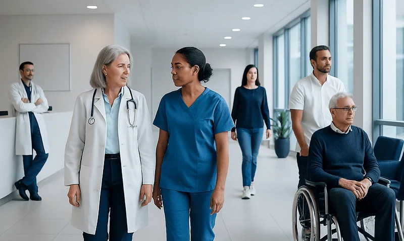 Medical team discussing patient care in a modern hospital corridor.