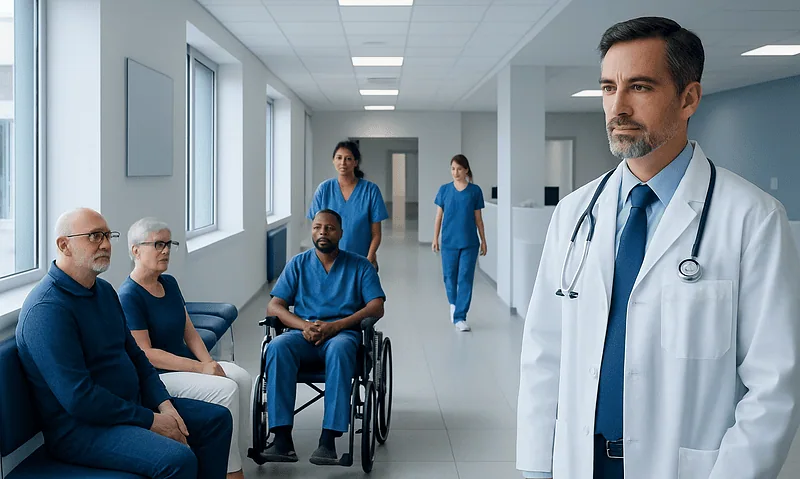 Doctor consulting with diverse patients in hospital corridor.