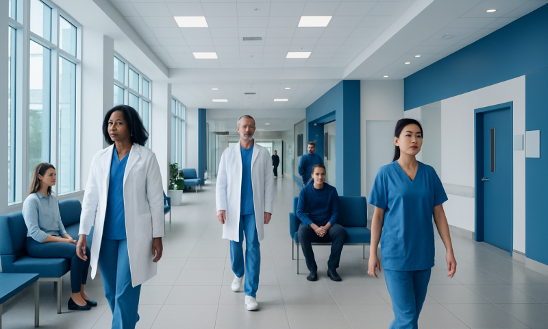 Medical staff walking in a hospital corridor with patients seated nearby.