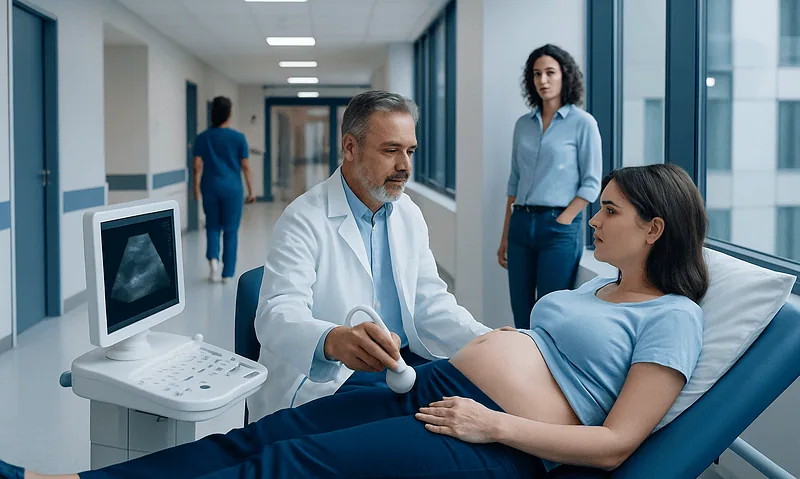 Doctor performing ultrasound on pregnant woman in hospital corridor.