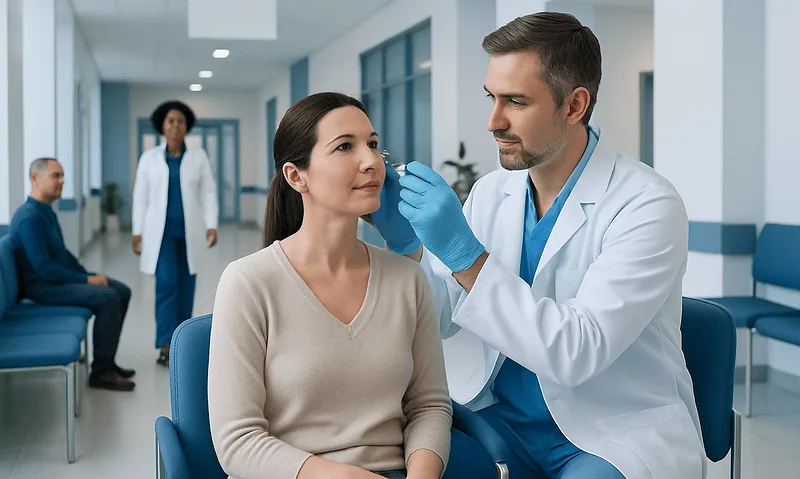 Doctor performing under eye injection filler procedure on patient in clinic.