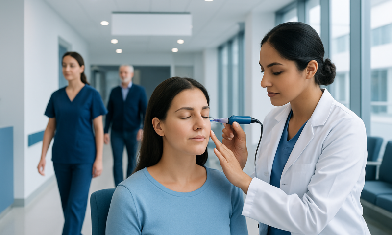 Doctor performing under eye laser treatment on a patient in a modern clinic.