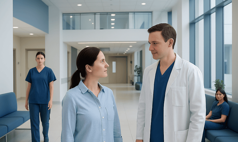 Medical professionals and patient in hospital corridor at Acibadem Hospitals Group.