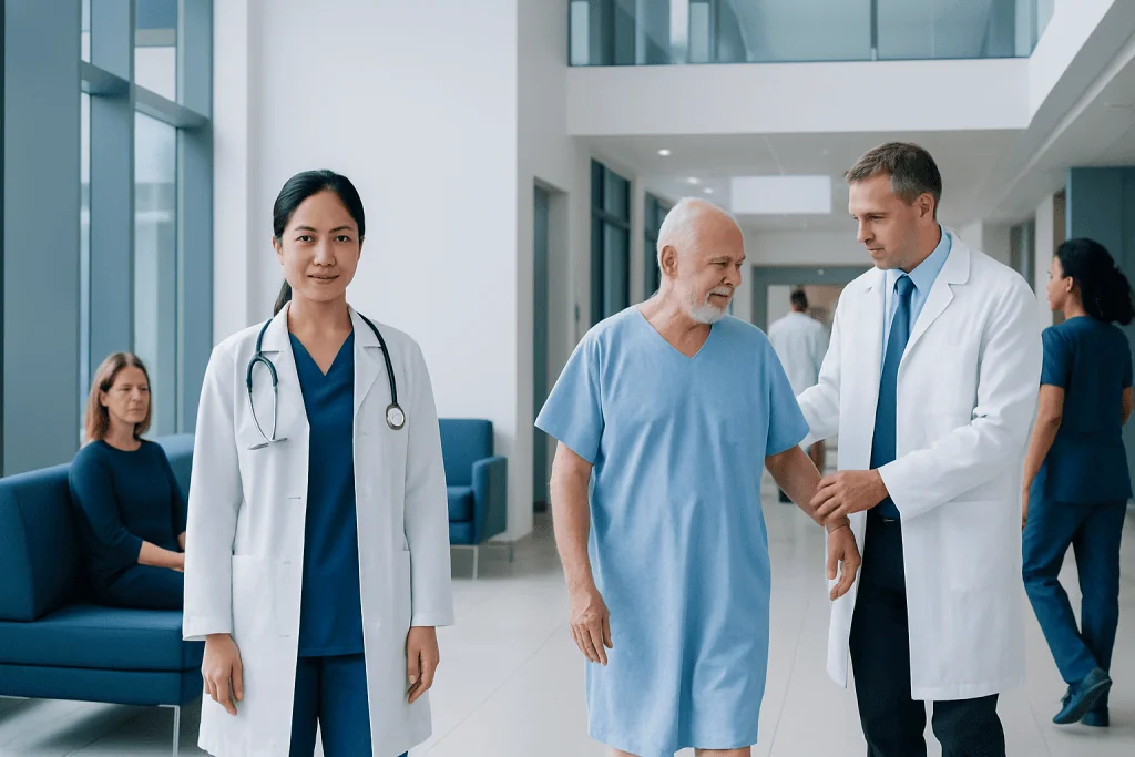 Urinary Diversion Surgery: Procedure, Recovery and Results 1 Medical team assisting a patient in a hospital corridor.