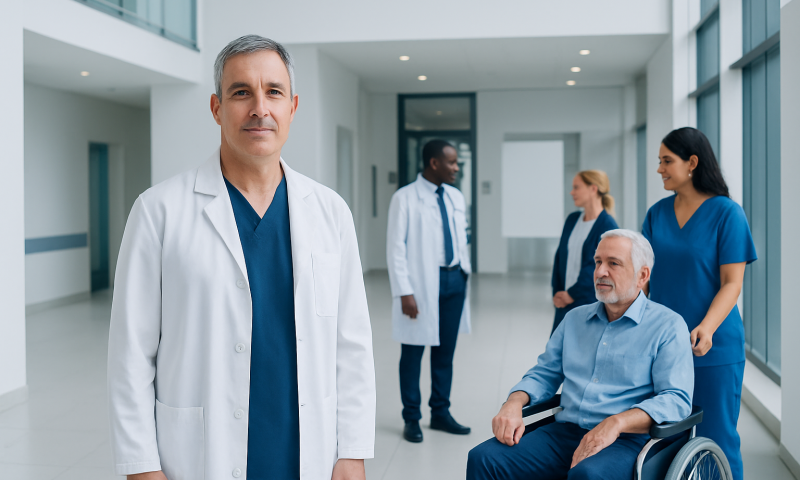 Urologic surgeon with medical team and patient in hospital corridor.