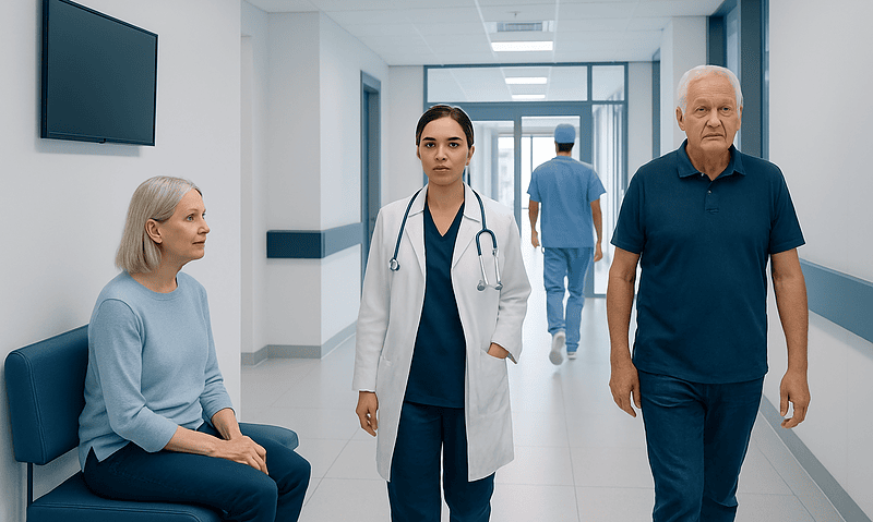 Medical staff and patient in hospital corridor, healthcare setting.
