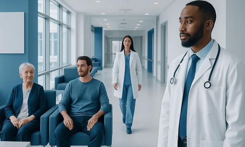 Doctor consulting with patients in a hospital corridor.