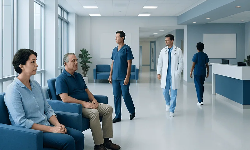 Patients waiting in a hospital lobby with medical staff nearby.