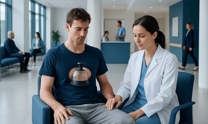 Vacuum Bell Therapy for Pectus Excavatum: How It Works, Results and What to Expect 4 Patient consulting with doctor in hospital waiting area.