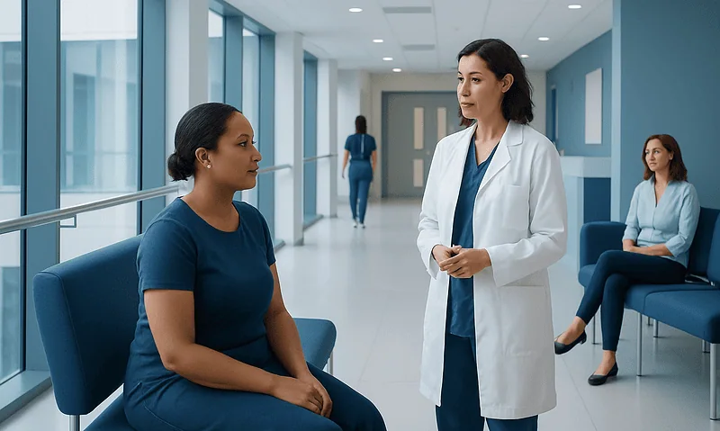 Vaginal Radiation: How It Works, Results and What to Expect 18 Doctor consulting with patient in hospital corridor.
