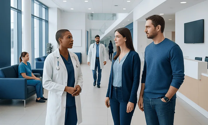 Medical professionals and patients in a hospital lobby.