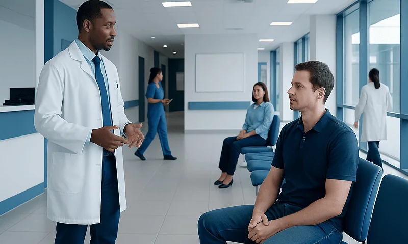 Doctor consulting male patient in hospital corridor.