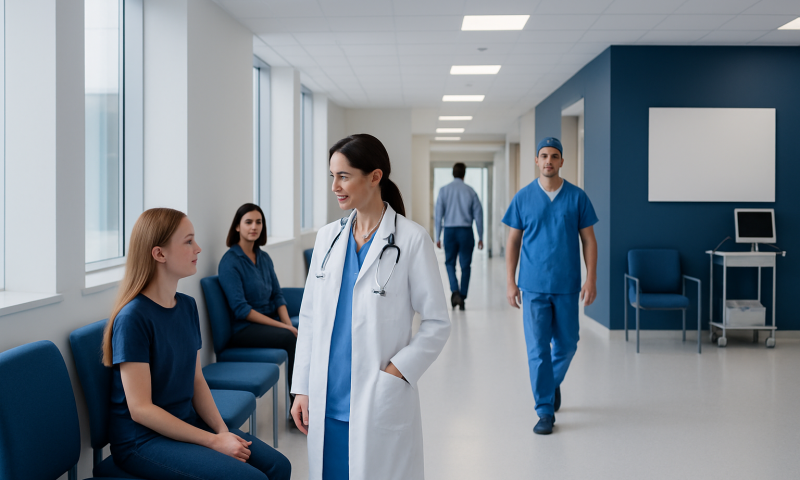 Healthcare professionals and patients in a modern hospital corridor.