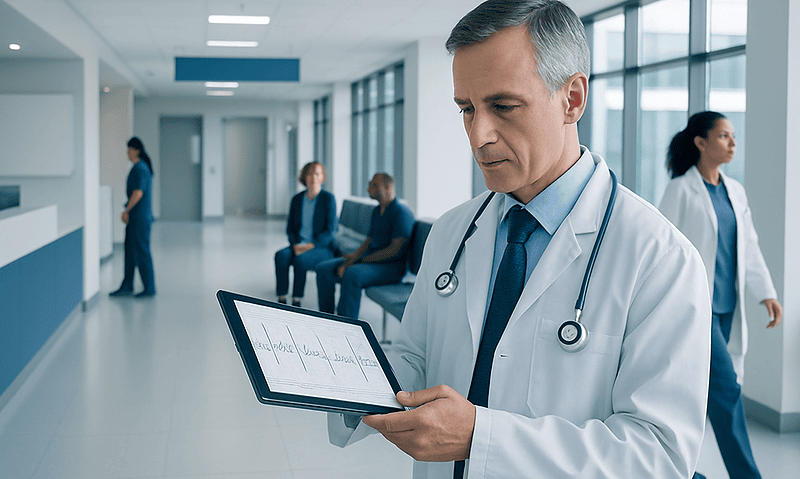 Doctor reviewing patient data on a tablet in a hospital corridor.