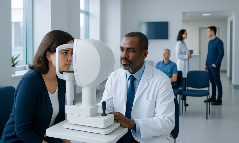 Optometrist performs visual field test on patient at Acibadem Hospital.