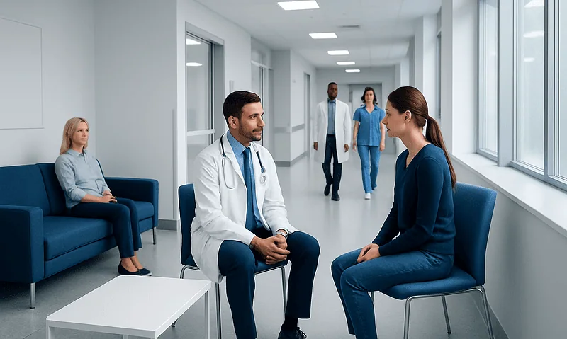 Doctor consulting with a patient in a modern hospital corridor.