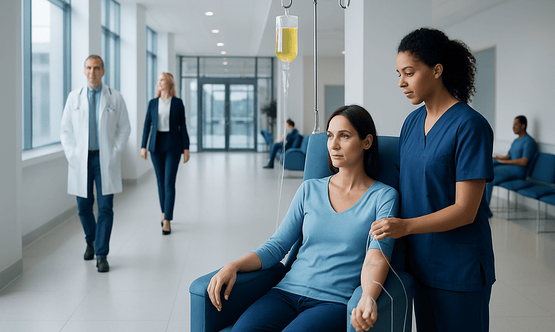 Patient receiving IV therapy in a modern hospital setting.
