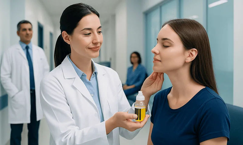 Doctor applying vitamin E oil to patient's face in a clinical setting.