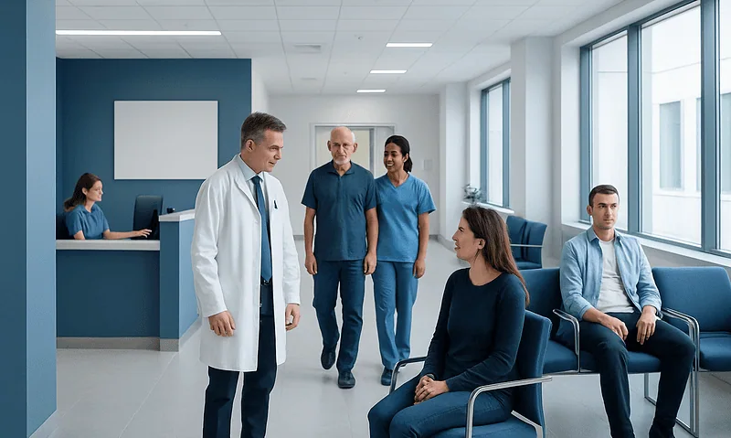 Patients and doctor in a modern hospital waiting area.