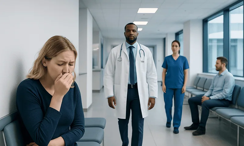 Patient experiencing nausea in hospital corridor with medical staff nearby.