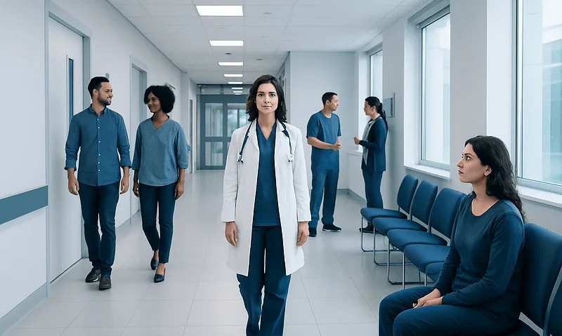 Medical team in hospital corridor with doctor and patients.