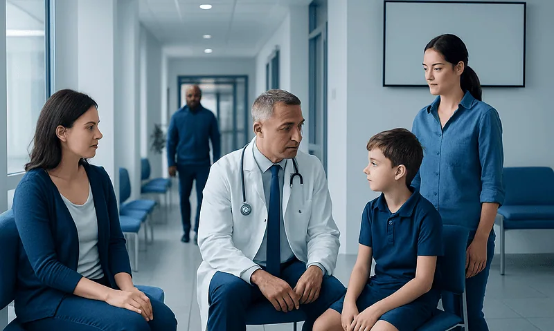 Doctor consulting young patient with family in hospital corridor.