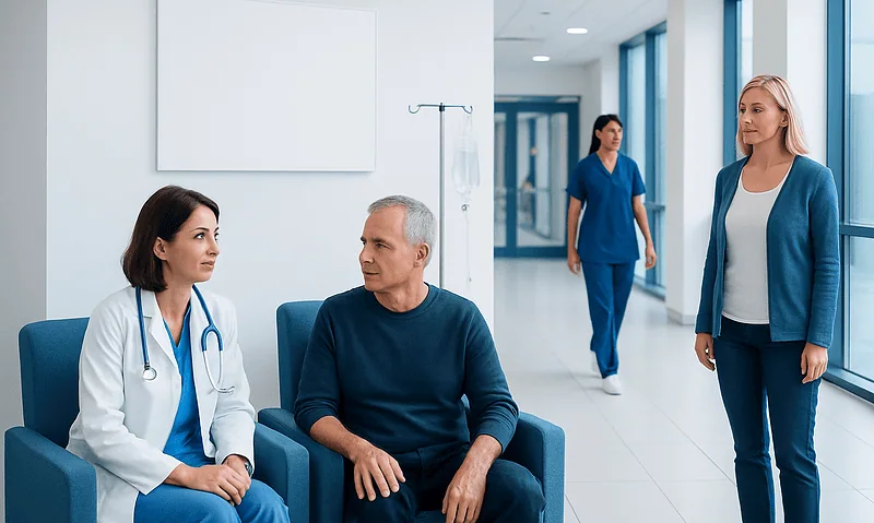Patient consulting with doctor in hospital corridor.