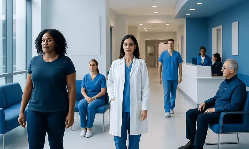 Diverse medical staff and patients in a modern hospital corridor.