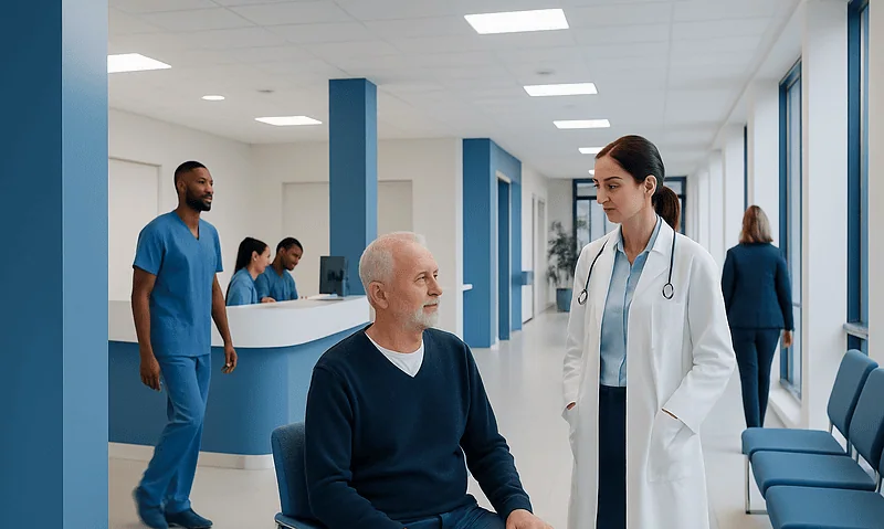 Doctor consulting with elderly male patient in hospital corridor.