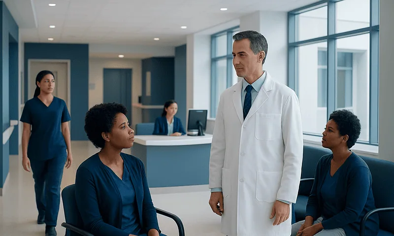Medical consultation in a modern hospital with diverse staff and patients.