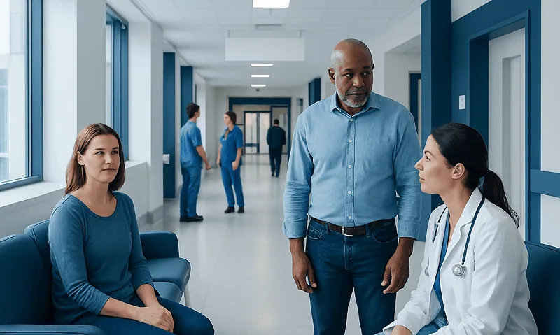 Hospital corridor with medical staff and patient in waiting area.