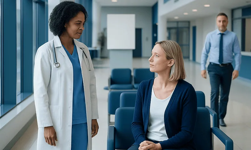 Doctor consulting with a patient in a modern hospital corridor.