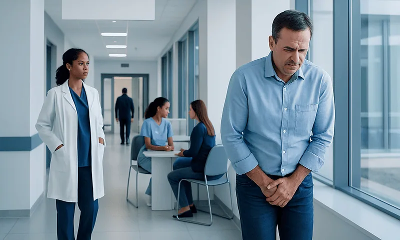 Man experiencing urinary discomfort in a hospital corridor with medical staff nearby.