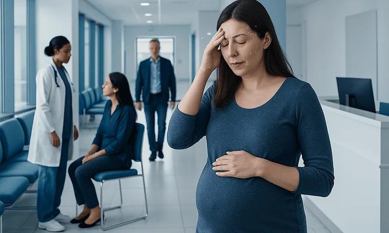 Pregnant woman experiencing headache in hospital corridor.