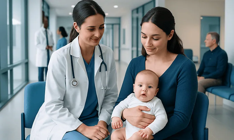 Doctor with mother and baby in hospital waiting area.