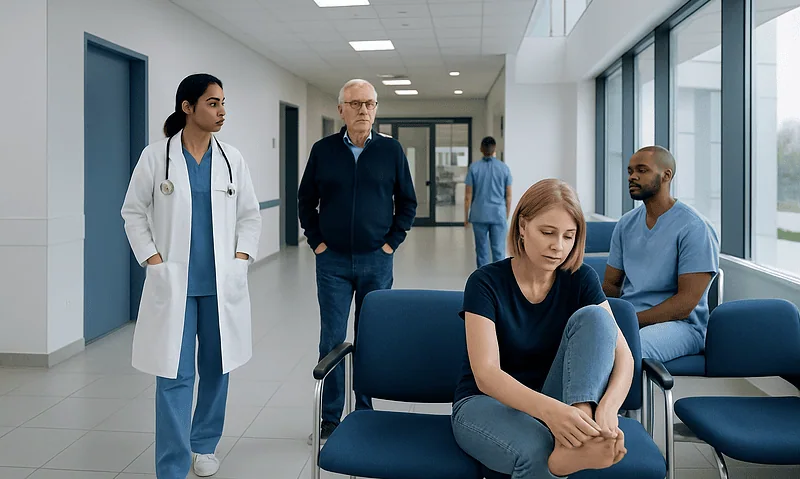 Patient with foot pain in hospital corridor, seeking medical advice.