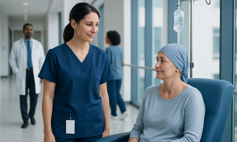 IV Chemo Education Sheets: How It Works, Results and What to Expect 11 Nurse talking to a patient receiving IV chemotherapy in hospital.