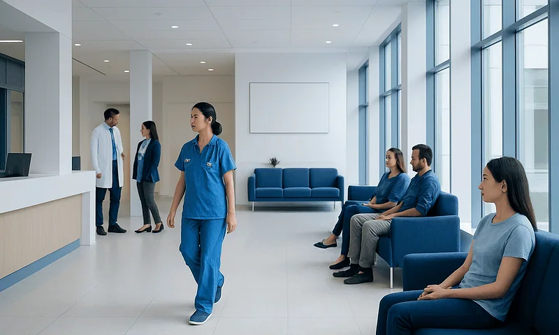 Hospital waiting area with patients and medical staff in a modern facility.