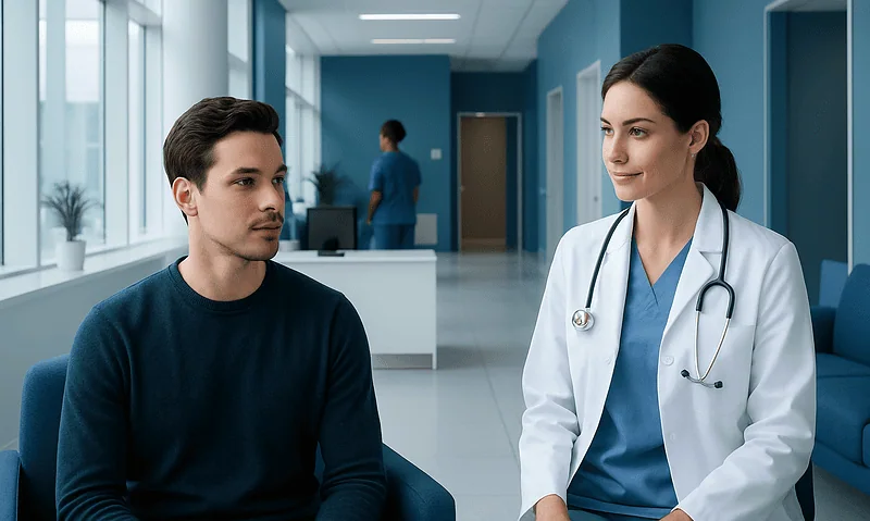 Patient consulting with doctor in hospital corridor.