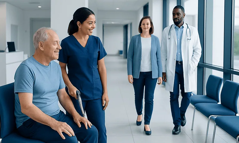 Patient with healthcare team in hospital corridor for joint replacement recovery.