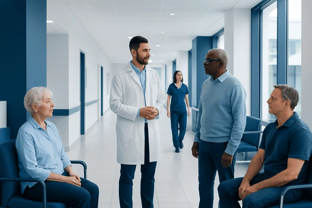 Laser Vitreolysis: How It Works, Results and What to Expect 1 Doctor consulting elderly patient and visitors in hospital corridor.