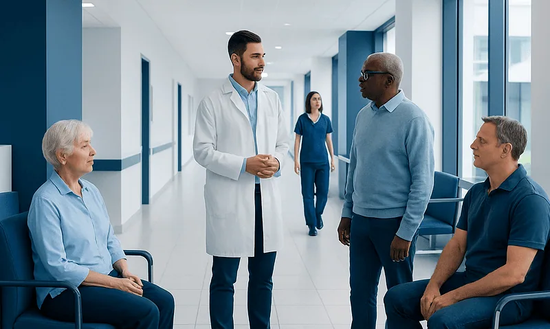 Doctor consulting elderly patient and visitors in hospital corridor.